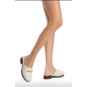 LARROUDE Zuzi Bit Mule Clog Ivory Leather Slip-on Gold Detail Hardware, Sz 6
